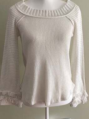 Altar'd State White Boho Fringe Waffle Knit BateauNeck Top, Pointelle, Sz.S